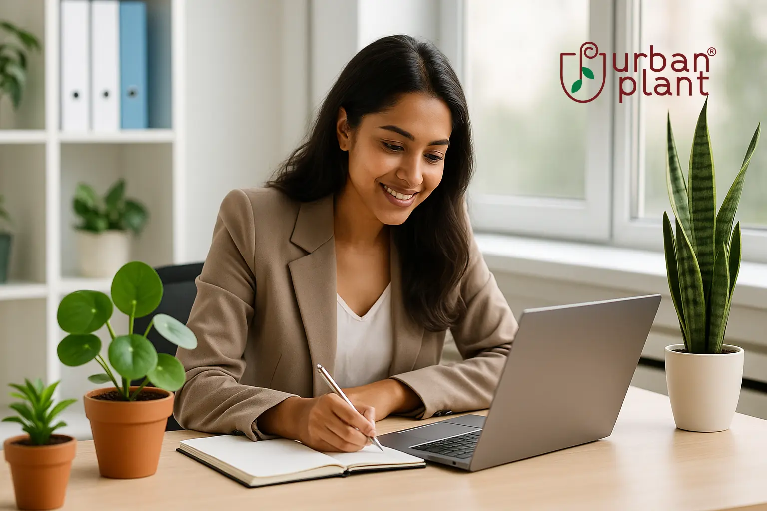 Why choose office desk plants – young professional working happily at a desk with indoor plants creating a productive workspace – Urban Plant
